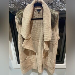Women’s Cable Knits Ann Taylor Workwear Camel Open Cardigan Faux Fur Shoulders